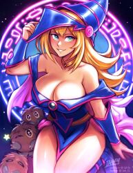 Rule 34 | 1girl, bare shoulders, blonde hair, breasts, cleavage, collarbone, dark magician girl, duel monster, green eyes, grin, hat, iahfy, kuriboh, large breasts, long hair, looking at viewer, sitting, sky, smile, star (sky), star (symbol), starry sky, thighs, wizard hat, yu-gi-oh!, yu-gi-oh! duel monsters