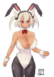 Rule 34 | 1girl, alternate costume, animal ears, artist name, bow, bowtie, breasts, cleavage, covered navel, cowboy shot, dark-skinned female, dark skin, dated, detached collar, hair between eyes, highres, huge breasts, kantai collection, large breasts, leotard, light brown hair, musashi (kancolle), one-hour drawing challenge, owa (ishtail), pantyhose, playboy bunny, rabbit ears, rabbit tail, rectangular eyewear, red bow, red bowtie, red eyes, simple background, solo, strapless, strapless leotard, tail, two side up, white background, white leotard, wrist cuffs