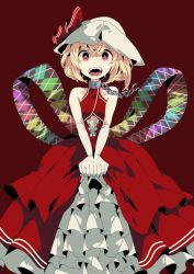 Rule 34 | 1girl, :d, alternate costume, aoi kujira, bad id, bad twitter id, bare shoulders, blonde hair, bright pupils, chain, collar, cuffs, dress, elbow gloves, fangs, flandre scarlet, gloves, hair between eyes, hat, looking at viewer, no wings, open mouth, red eyes, ribbon, shackles, short hair, side ponytail, smile, solo, touhou, v arms, white pupils, wings