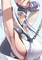 Rule 34 | 1girl, absurdres, bare arms, black headband, blue eyes, breasts, chain, character request, headband, highres, kantai collection, large breasts, sannsogyoraikai, sideboob, solo, white hair