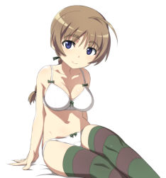 Rule 34 | 1girl, ahoge, arm support, bed sheet, blue eyes, bow, bow bra, bow panties, bra, braid, breasts, brown hair, brown thighhighs, cleavage, closed mouth, commentary, crotch seam, green ribbon, green thighhighs, hair ribbon, hair tie, leaning back, looking at viewer, lynette bishop, medium breasts, multicolored stripes, nanashino, navel, on bed, panties, ribbon, sidelocks, simple background, single braid, sitting, smile, solo, strike witches, striped clothes, striped thighhighs, thighhighs, underwear, underwear only, white background, white bra, white panties, world witches series