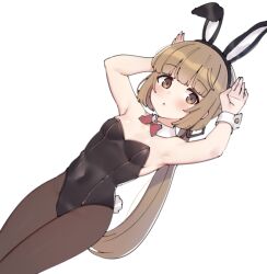 Rule 34 | 1girl, :o, aa211108, alternate costume, animal ear hairband, animal ears, armpits, arms up, bare shoulders, black leotard, black pantyhose, blush, bow, bowtie, breasts, brown hair, commentary, covered navel, detached collar, dutch angle, fake animal ears, fake tail, idolmaster, idolmaster cinderella girls, leotard, long hair, looking at viewer, pantyhose, playboy bunny, ponytail, rabbit ear hairband, rabbit ears, rabbit pose, rabbit tail, red bow, red bowtie, simple background, small breasts, solo, strapless, strapless leotard, tail, very long hair, white background, wrist cuffs, yorita yoshino
