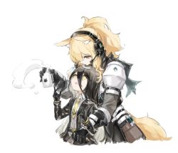 Rule 34 | 2girls, :o, animal ears, arknights, armor, black gloves, black hair, black jacket, blonde hair, closed mouth, collared shirt, commentary, cropped torso, crossover, cup, gloves, hair between eyes, headphones, holding, holding cup, horse ears, jacket, long hair, looking down, looking up, manhattan cafe (umamusume), multiple girls, nearl (arknights), necktie, nejikyuu, open mouth, ponytail, scarf, shirt, shoulder armor, simple background, steam, symbol-only commentary, tail, umamusume, upper body, white background, white shirt, yellow necktie