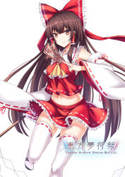 Rule 34 | 1girl, ascot, bare shoulders, black footwear, bow, brown eyes, brown hair, chinese commentary, commentary request, detached sleeves, feet out of frame, frilled ascot, frilled bow, frilled neckwear, frilled shirt collar, frills, gohei, hair bow, hair tubes, hakurei reimu, holding, koissa, leg up, long hair, long sleeves, looking at viewer, midriff, miniskirt, navel, ofuda, petticoat, red bow, red skirt, ribbon-trimmed legwear, ribbon-trimmed sleeves, ribbon trim, sandals, sarashi, sidelocks, simple background, skirt, smile, solo, standing, standing on one leg, stomach, thighhighs, thighs, touhou, very long hair, white background, white thighhighs, wide sleeves, yellow ascot, zettai ryouiki