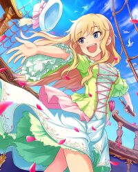 Rule 34 | 1girl, airplane arms, bare legs, bird, blonde hair, blue eyes, blue sky, bow, bowtie, dress, floral print, green dress, green skirt, hat, highres, idolmaster, idolmaster cinderella girls, idolmaster cinderella girls starlight stage, ohtsuki yui, outstretched arms, railing, rope ladder, seagull, ship deck, skirt, sky, solo, spread arms, telescope, white bow, white hat, wooden railing