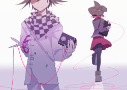 Rule 34 | 1boy, 1girl, arm belt, belt, black hat, black jacket, black pantyhose, black scarf, black sleeves, blazer, blunt ends, boots, brown footwear, buttons, cassette player, checkered clothes, checkered scarf, closed mouth, commentary request, cowboy shot, danganronpa (series), danganronpa v3: killing harmony, double-breasted, fingernails, from behind, full body, hair between eyes, hat, hat belt, holding, holding scissors, holding tablet pc, jacket, layered sleeves, long sleeves, miniskirt, multicolored buttons, nagichiro, oma kokichi, pantyhose, pleated skirt, pointy footwear, purple hair, red hair, red skirt, running, scarf, scissors, shadow, short hair, simple background, skirt, string, string around finger, string of fate, tablet pc, torn clothes, torn jacket, two-tone scarf, white background, white belt, white jacket, white scarf, white sleeves, witch hat, yellow belt, yumeno himiko