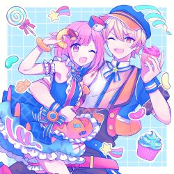 Rule 34 | 1boy, 1girl, absurdres, arm around waist, arm strap, blonde hair, blunt bangs, bob cut, bow, buttons, candy, commentary request, cowboy shot, cupcake, food, gradient hair, hair between eyes, hat, highres, holding, holding food, jelly bean, lollipop, looking at viewer, multicolored hair, official alternate costume, one eye closed, ootori emu, open mouth, orange eyes, orange hair, pink eyes, pink hair, pnyo emc, pop in my heart!! (project sekai), project sekai, red bow, short hair, short sleeves, sleeveless, sprinkles, star (symbol), tenma tsukasa, wristband