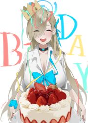 Rule 34 | 1girl, absurdres, asuna (blue archive), black choker, blue archive, blue bow, blue bowtie, blue halo, blush, bow, bowtie, breasts, cake, choker, cleavage, closed eyes, collared shirt, facing viewer, food, haine 1871, hair over one eye, halo, happy birthday, hat, highres, large breasts, light brown hair, long hair, open mouth, party hat, shirt, smile, solo, white shirt