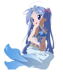 Rule 34 | 00s, 1girl, :o, absurdres, ahoge, bad id, bad pixiv id, blue hair, blush, derivative work, hair ornament, highres, hiiragi kagami, jewelry, long hair, looking back, lucky star, mermaid costume, necklace, nishiya futoshi, pearl necklace, solo, sumomo (tyc78503012), twintails, white background