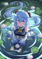 Rule 34 | 1girl, ahoge, bare shoulders, bell, black gloves, blue hair, blush, breasts, detached sleeves, flower, from above, ganyu (genshin impact), genshin impact, gloves, gold trim, highres, horns, lily pad, long hair, looking at viewer, looking up, lotus, medium breasts, neck bell, parted lips, partially submerged, purple eyes, resolution mismatch, see-through, shirakawafel, sidelocks, solo, source larger, standing, wet, wet clothes, wet hair, white sleeves