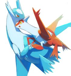 1boy 1girl blue_wings brother_and_sister creatures_(company) game_freak gen_3_pokemon highres keruasu0629 latias latios legendary_pokemon looking_at_another midair nintendo no_humans pokemon pokemon_(creature) red_wings siblings simple_background smile white_background wings