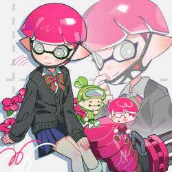 Rule 34 | 1boy, 1girl, ^ ^, blue skirt, bow, bowtie, chibi, chibi inset, closed eyes, closed mouth, commentary, eyelashes, flower, goggles, goggles on head, green bow, green bowtie, green hair, grey eyes, heavy splatling (splatoon), hg swdiary, highres, inkling, inkling boy, inkling girl, inkling player character, mask, mouth mask, multiple views, nintendo, pink bow, pink bowtie, pink flower, pink hair, pleated skirt, pointy ears, short hair, sitting, ski goggles, skirt, sleeves past wrists, smile, splatoon (series), symbol-only commentary, tentacle hair, topknot, two-tone bowtie, weapon, white background