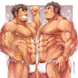 Rule 34 | 2boys, arm hair, bara, beard, biceps, black hair, blush, bombom, brown eyes, brown hair, bulge, chest hair, covered penis, cross scar, erection, erection under clothes, eye contact, facial hair, flexing, from side, frown, fundoshi, grin, hairy, highres, houzouin oniwaka, japanese clothes, large pectorals, leg hair, long sideburns, looking at another, male focus, mature male, multiple boys, muscular, muscular male, navel hair, nipple-to-nipple, nipples, pectorals, penis, scar, scar on face, scar on forehead, short hair, sideburns, small penis, smile, snowing, standing, steaming body, stomach, stubble, sweat, takabushi kengo, thick eyebrows, thick thighs, thighs, tokyo houkago summoners, veins, veiny arms, yaoi