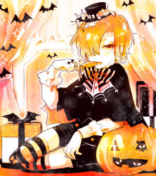 Rule 34 | 10s, 1boy, aged down, amo (yellowpink a), bat (animal), bow, bowtie, candy, child, diabolik lovers, food, full body, hair over one eye, halloween, hat, looking at viewer, male focus, matching hair/eyes, mukami kou, orange eyes, orange hair, pumpkin, shorts, smile, solo, striped clothes, striped thighhighs, thighhighs, zettai ryouiki