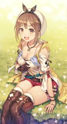 Rule 34 | 1girl, anbe yoshirou, atelier (series), atelier ryza, atelier ryza 1, bare shoulders, belt, blue belt, breasts, bridal legwear, brown belt, brown eyes, brown gloves, brown hair, cleavage, commentary request, flask, gloves, grass, hair ornament, hairclip, highres, jacket, jewelry, large breasts, leather, leather belt, leather gloves, looking at viewer, necklace, open mouth, pouch, red shorts, reisalin stout, round-bottom flask, short hair, short shorts, shorts, single glove, sitting, sleeveless, sleeveless jacket, star (symbol), star necklace, thick thighs, thigh pouch, thighs, vial, white headwear, yellow jacket