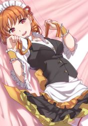 Rule 34 | 1girl, :d, bed sheet, breasts, collarbone, dress shirt, hair ribbon, highres, layered skirt, looking at viewer, love live!, love live! school idol festival, love live! sunshine!!, lying, maid headdress, medium breasts, miniskirt, on back, open mouth, orange hair, red eyes, red ribbon, ribbon, shirt, short hair, skirt, smile, solo, striped ribbon, takami chika, thighhighs, untied, white shirt, white thighhighs, wrist cuffs, yamaori (yamaorimon)