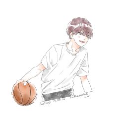 Rule 34 | 1boy, absurdres, artist name, ball, basketball (object), blush, commentary request, cool doji danshi, dated, highres, holding, holding ball, male focus, nata kokone, open mouth, red eyes, red hair, shiki souma, shirt, short hair, simple background, solo, white background, white shirt