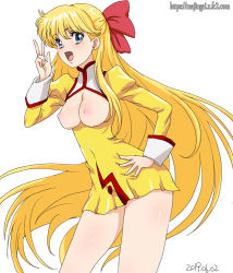 Rule 34 | 1girl, agent aika, aika (series), aino minako, arm up, bishoujo senshi sailor moon, blonde hair, blue eyes, bow, breasts, breasts out, cleavage, cleavage cutout, clothing cutout, cosplay, covered navel, cowboy shot, crossover, dated, delmo, delmogeny uniform, dress, earrings, ginko (silver fox), golden delmo, hair bow, hand on own hip, jewelry, juliet sleeves, latex, long hair, long sleeves, looking at viewer, medium breasts, nipples, no bra, open mouth, puffy sleeves, red bow, solo, stud earrings, uniform, v, watermark, web address, yellow dress
