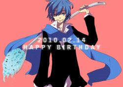 Rule 34 | 10s, 1boy, 2010, blue eyes, blue hair, blue scarf, dated, food, gorogorou, happy birthday, ice cream, kaito (vocaloid), male focus, matching hair/eyes, one eye closed, scarf, simple background, smile, solo, spoon, vocaloid, wink