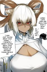 Rule 34 | animal ears, arknights, breasts, carnelian (arknights), cleavage, dark-skinned female, dark skin, doctor (arknights), english text, gin moku, goat horns, hard-translated, highres, horns, large breasts, red eyes, shaded face, third-party edit