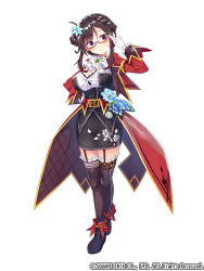 Rule 34 | 1girl, belt, belt buckle, black footwear, black skirt, black thighhighs, black vest, blue flower, blush, boots, braid, breasts, brown belt, brown hair, buckle, character request, cleavage, closed mouth, commentary request, copyright notice, dress shirt, flower, frilled sleeves, frilled thighhighs, frills, full body, garter straps, glasses, gloves, hair flower, hair ornament, head tilt, highres, jacket, juliet sleeves, kai-ri-sei million arthur, large breasts, long sleeves, looking at viewer, million arthur (series), moeki yuuta, official art, open clothes, open jacket, puffy sleeves, purple eyes, red-framed eyewear, red jacket, semi-rimless eyewear, shirt, simple background, skirt, smile, solo, standing, thighhighs, thighhighs under boots, under-rim eyewear, vest, watermark, white background, white gloves, white shirt