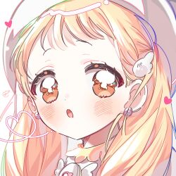 Rule 34 | 1girl, artist name, blonde hair, blush, brown eyes, copyright request, earrings, hair behind ear, hair ornament, hairclip, heart, highres, jewelry, long hair, looking at viewer, makihatayama hana, ojamajo doremi, open mouth, portrait, simple background, solo, white background, white headwear, yalmyu