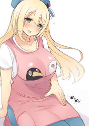 Rule 34 | 10s, 1girl, apron, atago (kancolle), beckoning, blonde hair, blue hat, blush, breasts, failure penguin, green eyes, hat, heart, kantai collection, kindergarten teacher, large breasts, long hair, looking at viewer, miss cloud, nekoume, personification, simple background, sitting, smile, solo, white background