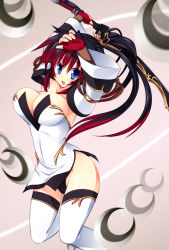 Rule 34 | 1girl, bare shoulders, black hair, blue eyes, breasts, caution-2002, cleavage, detached sleeves, dress, fingerless gloves, gloves, hair ornament, large breasts, long hair, multicolored hair, nanbu kaguya, nipples, ponytail, red hair, solo, strapless, strapless dress, super robot wars, super robot wars og saga mugen no frontier, thighhighs, two-tone hair, weapon
