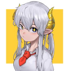 Rule 34 | + +, 1girl, :/, blush, border, breasts, closed mouth, collared shirt, commentary request, contemporary, demon girl, demon horns, eungi, hair between eyes, hair over shoulder, hair tie, highres, horns, korean commentary, long hair, looking at viewer, medium breasts, messy hair, multicolored eyes, necktie, original, outside border, pointy ears, ponytail, purple eyes, red necktie, shirt, short necktie, sidelocks, silver hair, simple background, solo, symbol-shaped pupils, upper body, white border, white shirt, yellow background, yellow pupils