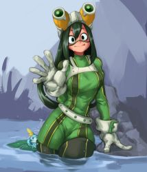 Rule 34 | 10s, 1girl, :p, asui tsuyu, belt, bodysuit, boku no hero academia, breasts, frog girl, gen 8 pokemon, gloves, goggles, goggles on head, grass, green hair, hair between eyes, happy, highres, kelvin hiu, lily pad, long hair, looking at viewer, low-tied long hair, medium breasts, partially submerged, skin tight, smile, sobble, solo, tongue, tongue out, water