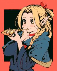 Rule 34 | 1girl, blonde hair, blue capelet, blue robe, blush, braid, capelet, collar, dungeon meshi, elf, food, green eyes, hair ribbon, holding, holding food, holding pizza, marcille donato, moshimoshibe, multiple braids, pizza, pointy ears, ribbon, robe