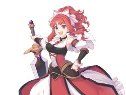 Rule 34 | 1girl, akino (princess connect!), armor, bow, hair bow, holding, holding weapon, long hair, official art, princess connect!, purple eyes, red hair, transparent background, weapon