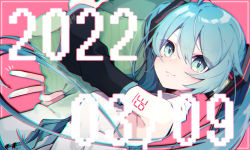 Rule 34 | 1girl, 2022, bare shoulders, black sleeves, blue hair, blue necktie, chuuko anpu, closed mouth, commentary request, detached sleeves, green eyes, hair between eyes, hatsune miku, long hair, long sleeves, looking at viewer, necktie, pink background, shirt, sleeveless, sleeveless shirt, smile, solo, spring onion, tie clip, twintails, very long hair, vocaloid, white shirt, wide sleeves