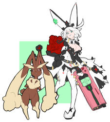Rule 34 | 1girl, ahoge, alternate costume, alternate hair color, animal ears, aqua eyes, belt, black eyes, blue eyes, boots, bouquet, breasts, cleavage, clover, collar, colored sclera, creatures (company), crossover, dress, elphelt valentine, female focus, fingerless gloves, flower, four-leaf clover, full body, fur trim, game freak, gen 4 pokemon, gloves, guilty gear, guilty gear xrd, gun, hairband, hat, highres, holding, holding weapon, large breasts, lopunny, makai, ms. travailler, nintendo, open mouth, pink sclera, pokemon, pokemon (creature), rabbit ears, rabbit tail, rose, short hair, shotgun, spiked collar, spikes, tail, thigh boots, thighhighs, weapon, white hair, white thighhighs