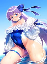 Rule 34 | 1girl, bare shoulders, blue background, blue eyes, blue one-piece swimsuit, blue ribbon, blush, breasts, choker, cleavage, closed mouth, covered navel, curvy, fate/grand order, fate (series), frills, gradient background, hair between eyes, hair ribbon, highleg, highleg swimsuit, highres, long hair, long sleeves, looking at viewer, medium breasts, meltryllis, meltryllis (fate), meltryllis (swimsuit lancer) (fate), meltryllis (swimsuit lancer) (second ascension) (fate), niccya, one-piece swimsuit, puffy sleeves, purple hair, ribbon, shiny skin, sitting, sleeves past fingers, sleeves past wrists, smile, solo, swimsuit, thigh strap, thighs, very long hair, wariza, water, wet