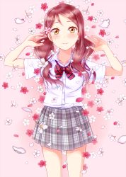 Rule 34 | 1girl, arms up, bad id, bad pixiv id, blush, bow, bowtie, breasts, cherry blossoms, collarbone, earrings, flower, hair flower, hair ornament, hair over shoulder, hiro9779, jewelry, long hair, looking at viewer, love live!, love live! sunshine!!, pink background, plaid, plaid skirt, pleated skirt, red hair, sakurauchi riko, school uniform, shirt, short sleeves, skirt, small breasts, smile, striped bow, striped bowtie, striped clothes, striped neckwear, uniform, white shirt, yellow eyes