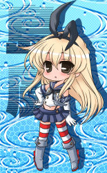 Rule 34 | 10s, 1girl, anchor hair ornament, black eyes, blonde hair, chibi, chino (ch no), elbow gloves, gloves, hair ornament, hairband, hand on own hip, highres, kantai collection, long hair, looking at viewer, navel, patterned legwear, pleated skirt, school uniform, serafuku, shimakaze (kancolle), skirt, solo, striped clothes, striped thighhighs, thighhighs, two-tone stripes, white gloves, zettai ryouiki