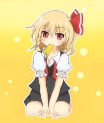 Rule 34 | 1girl, :3, blonde hair, hair ribbon, kou-andagi, mouth hold, paper, puffy short sleeves, puffy sleeves, red eyes, ribbon, rumia, seiza, short hair, short sleeves, simple background, sitting, skirt, touhou, vest, yellow background