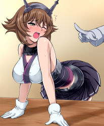 Rule 34 | 1boy, 1girl, admiral (kancolle), arm support, black skirt, blush, breasts, brown hair, collar, commentary request, flipped hair, gloves, headgear, highres, jacket, kantai collection, large breasts, leaning forward, looking at another, looking back, metal belt, metal collar, midriff, mutsu (kancolle), one eye closed, open mouth, pleated skirt, short hair, skirt, solo focus, striped clothes, striped skirt, table, teeth, white gloves, white jacket, zanntetu