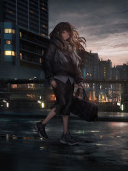 Rule 34 | 1girl, absurdres, arms at sides, bag, black bag, black footwear, black skirt, brown eyes, brown hair, building, city lights, cityscape, closed mouth, cloud, cloudy sky, commentary request, duffel bag, floating hair, full body, gradient sky, grey sweater, highres, holding, holding bag, lamppost, light, lm7 (op-center), long hair, long skirt, long sleeves, looking at viewer, original, outdoors, railing, road, scarf, shirt, shoes, sidelocks, skirt, sky, skyscraper, solo, street, sweater, twilight, walking, white scarf, white shirt, wind, window
