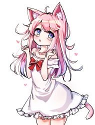 Rule 34 | 1girl, animal ears, arms up, bad id, bad twitter id, blue eyes, cat ears, cat tail, clenched hands, dress, heart, highres, kosobin, long hair, open mouth, original, pink hair, simple background, solo, sundress, tail, white background, white dress