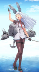 Rule 34 | 10s, 1girl, anchor, arm up, black pantyhose, blunt bangs, blush, breasts, bug, cannon, dragonfly, full body, gloves, hair ribbon, headgear, high heels, highres, insect, kantai collection, loafers, long hair, machinery, murakumo (kancolle), murakumo kai ni (kancolle), necktie, nujima, open mouth, pantyhose, ribbon, shoes, silver hair, solo, thighband pantyhose, turret, yellow eyes