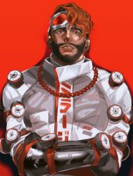 Rule 34 | 1boy, absurdres, apex legends, bara, black gloves, brown eyes, center stage mirage, chain, crossed arms, gloves, goggles, goggles on head, highres, himawari kappa, jacket, male focus, mirage (apex legends), muscular, muscular male, official alternate costume, parted lips, red background, red hair, smile, solo, upper body, white jacket