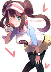Rule 34 | 1girl, ;), aqua eyes, bent over, blue shirt, blush, bow, bowtie, breasts, brown hair, collarbone, commentary request, creatures (company), game freak, hair between eyes, hair bun, hairband, hand on own knee, hat, holding, holding poke ball, kitahara tomoe (kitahara koubou), looking at viewer, nail polish, nintendo, one eye closed, pantyhose, pink bow, pink bowtie, pink hairband, pink nails, poke ball, poke ball print, pokemon, pokemon bw2, rosa (pokemon), shirt, simple background, skirt, smile, solo, twitter username, two-tone shirt, watch, white background, white headwear, white shirt, wristwatch, yellow skirt
