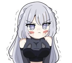 Rule 34 | 1girl, @ @, ak-15 (girls&#039; frontline), arms at sides, bare shoulders, blue eyes, blush, blush stickers, braid, breasts, chibi, crop top, defy (girls&#039; frontline), detached sleeves, girls&#039; frontline, grey hair, highres, large breasts, long hair, pout, purple eyes, senlong45, solo, tactical clothes, trembling, v-shaped eyebrows