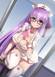 Rule 34 | 10s, 1girl, :q, ayuayu (shouyu no sato), bb (bb shot!) (fate), bb (fate), bb (fate/extra), blush, breasts, cellphone, choker, cleavage, fate/extra, fate/extra ccc, fate/grand order, fate (series), glasses, hat, long hair, looking at viewer, mirror, nurse cap, phone, purple eyes, purple hair, reflection, smartphone, smile, solo, thighhighs, tongue, tongue out, white thighhighs