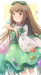 Rule 34 | 1girl, :o, bad id, bad twitter id, blunt bangs, blush, bow, brown eyes, candy, collar, commentary, dress, feet out of frame, food, frilled collar, frilled dress, frills, green dress, hair bow, hair down, hair ornament, highres, idolmaster, idolmaster cinderella girls, konpeitou, light brown hair, long hair, long sleeves, looking at viewer, parted lips, senbei no kakera, solo, striped, striped bow, two-tone background, vertical stripes, very long hair, wide sleeves, yorita yoshino