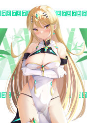Rule 34 | 1girl, adapted costume, alternate costume, arms under breasts, bare shoulders, blonde hair, blush, breasts, chest jewel, china dress, chinese clothes, cleavage, cleavage cutout, closed mouth, clothing cutout, crossed arms, daive, dress, earrings, elbow gloves, gem, gloves, gold trim, headpiece, highres, jewelry, large breasts, long hair, looking at viewer, mythra (xenoblade), pelvic curtain, skindentation, solo, swept bangs, tiara, v-shaped eyebrows, very long hair, white gloves, xenoblade chronicles (series), xenoblade chronicles 2, yellow eyes