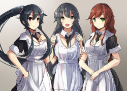 Rule 34 | 10s, 3girls, agano (kancolle), alternate costume, apron, between breasts, black hair, braid, breasts, brown hair, cleavage, dress, enmaided, gloves, hand on own chest, highres, kantai collection, large breasts, long hair, maid, maid apron, multiple girls, noshiro (kancolle), open mouth, plan (planhaplalan), ponytail, red eyes, smile, very long hair, waist apron, white gloves, yahagi (kancolle)