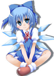 Rule 34 | 1girl, blue eyes, blue hair, blush, bow, cirno, hair bow, ice, ice wings, indian style, matching hair/eyes, short hair, sitting, solo, touhou, train 90, white background, wings